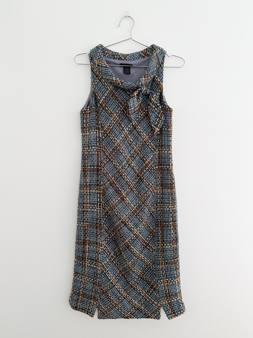 Plaid Tweed Shift Dress Silk Blend Tie Neck Dark Academia Old Money Mod Size 1